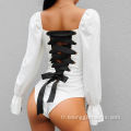 Kadınlar Uzun Kollu Back Lace Up Bodysuit